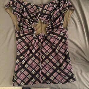 Taottao Plaid Mesh Sta Cutout T-shirt